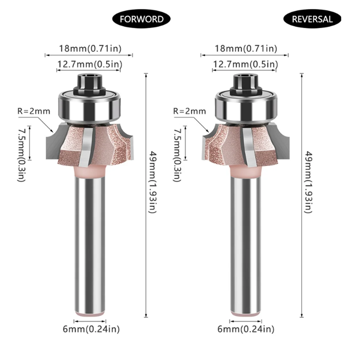 

A002 6mm Shank High Quality 4 Slot Router Set Forward and Reverse Woodworking Router R2 Trimming Tool 2 Piece Set