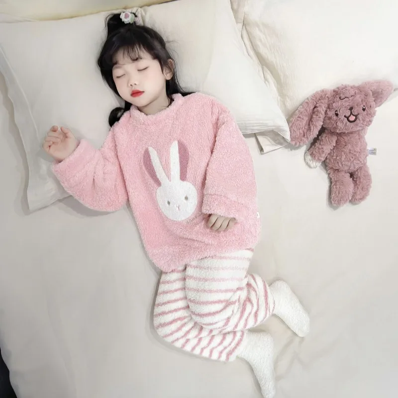 

Детский комплект термобелья для сна для девочек, хлопковая пижама больших размеров, комплект из двух предметов с вышивкой на полотенце, осенне-зимняя уютная домашняя одежда