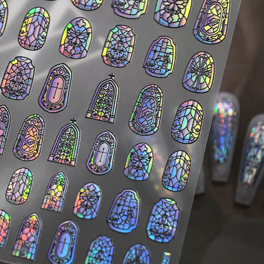 5D Sparkly Retro Glass Fragment Nail Sticker Holographic Flower/Butterfly/Cross/Castle Nail Decals Geometric Frame Nail Decor