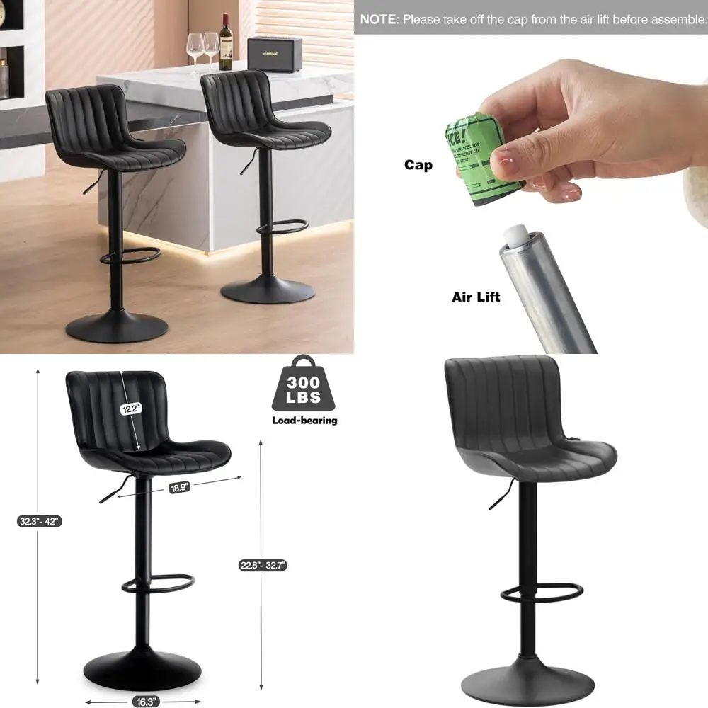 YOUNUOKE 24 Inch Metal Black Adjustable Swivel Counter Height Bar Stools Set of 2 for Kitchen Island