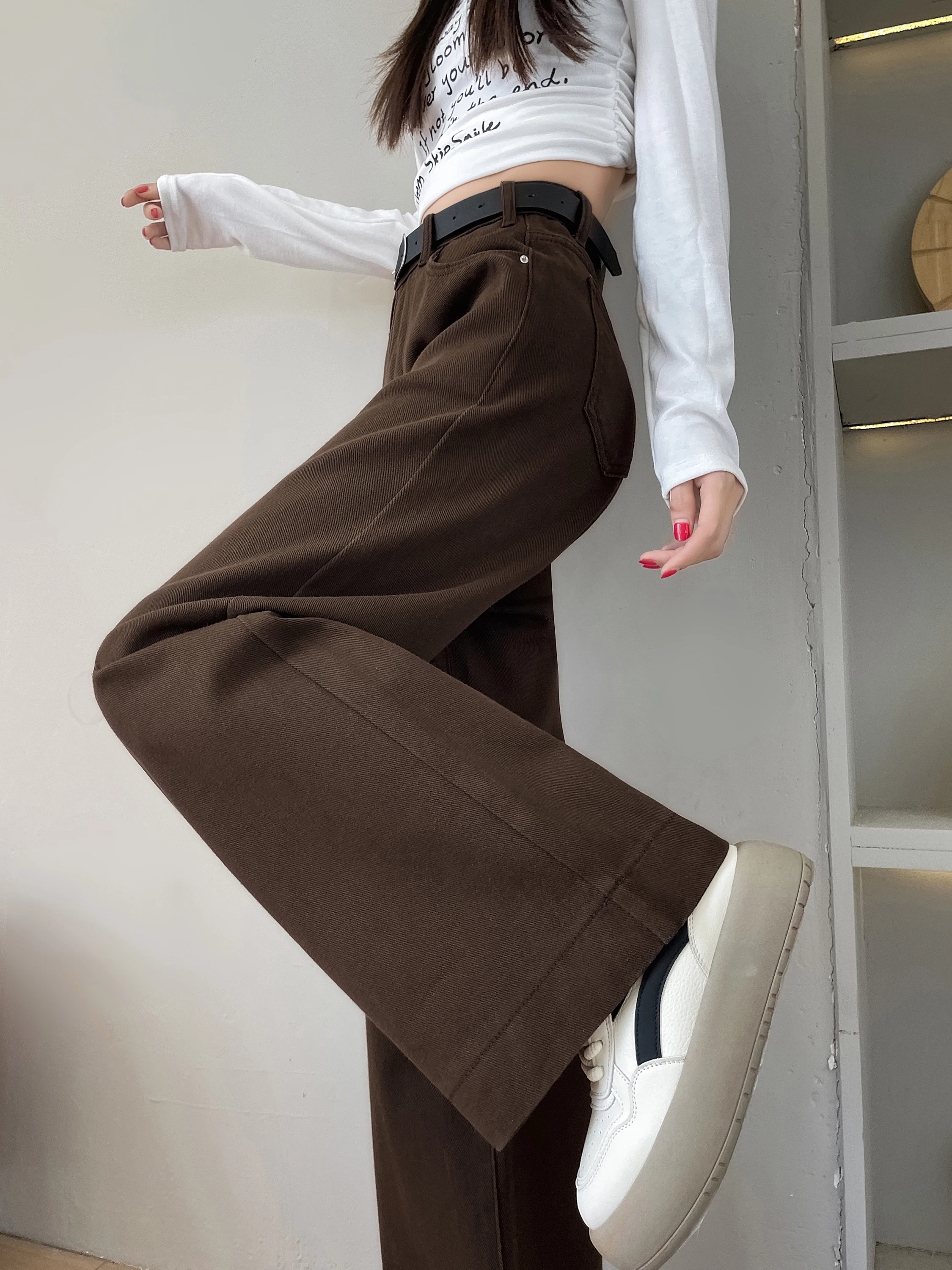 Hohe Taille Thiened Fce Gefüttert Kaffee Farbe Denim Hosen frauen Winter Neue Sle Lose Bodenlangen Breite Bein Hosen