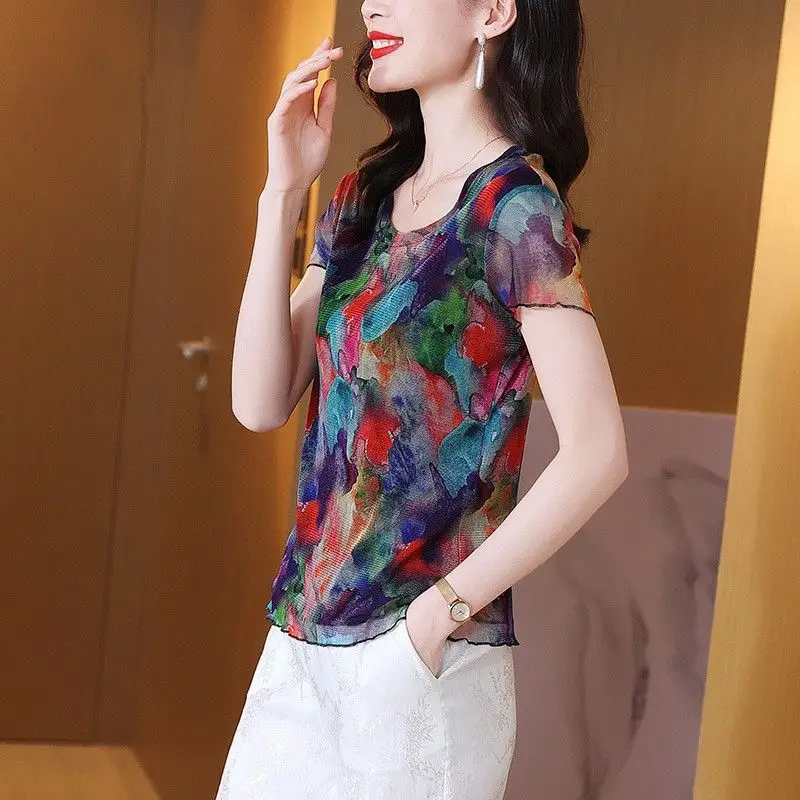 

Round Neck Short Sleeve Breathable Mesh Knitted Silk T-shirt Top for Women 2025 Summer Slim Print Pullover