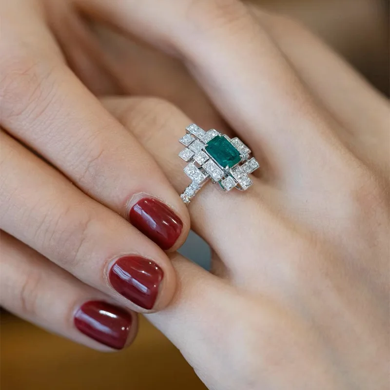 925 sterling silver fashionable and elegant turquoise Tetris open ring, women's high-end temperament versatile ring jewelry