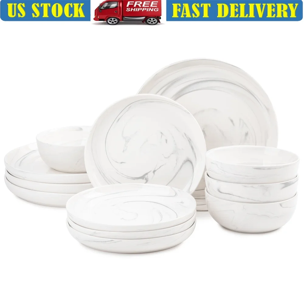 

12-Piece Stoneware Dinnerware Set Grey Marble Durable Plates Bowls Dishwasher Microwave Safe Modern Table Setting