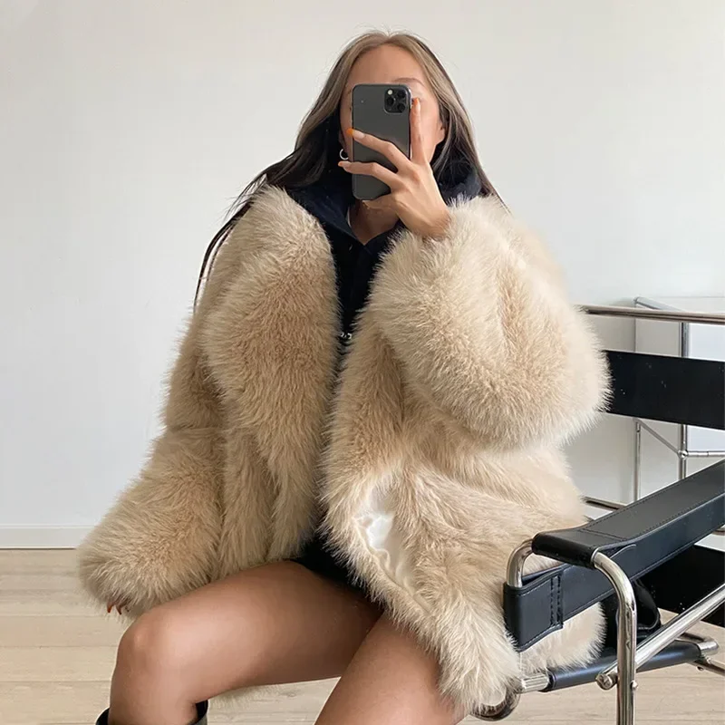 Women Loose Faux Fur Coat White Long Coats Turn Down Collar Long Sleeve Autumn Winter High Waist Maxi Elegant Thick Jacket