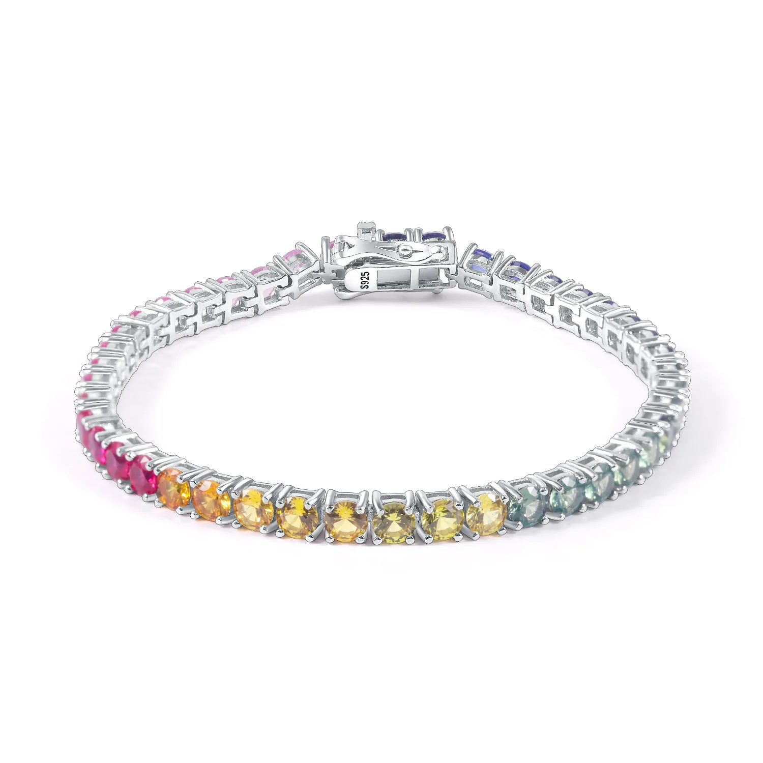 Rainbow Color Bracelet Tennis Chain S925 Sterling Silver Set with Cultivated Sapphire Bracelet