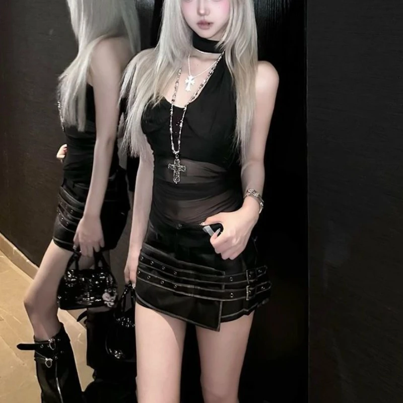

New Autumn Sexy Gauze Black 2 Piece Set Women Vintage Design Halter Y2k Tops + Mini Skirt Gothic Aesthetic Fashion Retro Outfit
