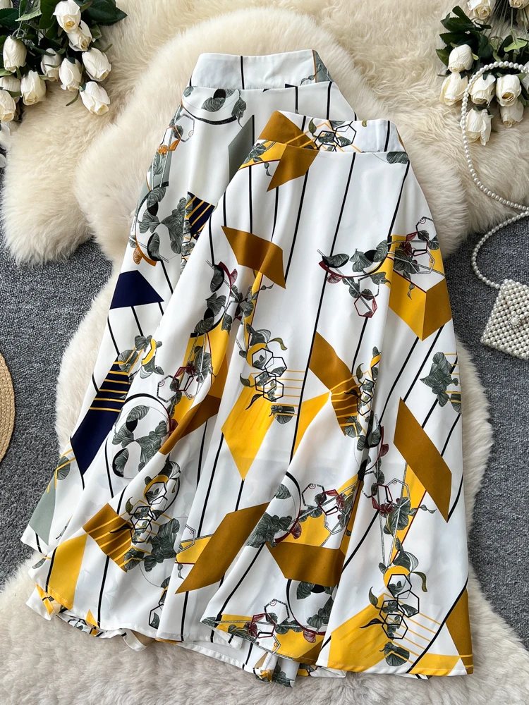 

Korean Style High Waist Geometric Print A-Line Loose Midi Skirt Women's Commute Slimming Skirt City Commute Polyester Fiber