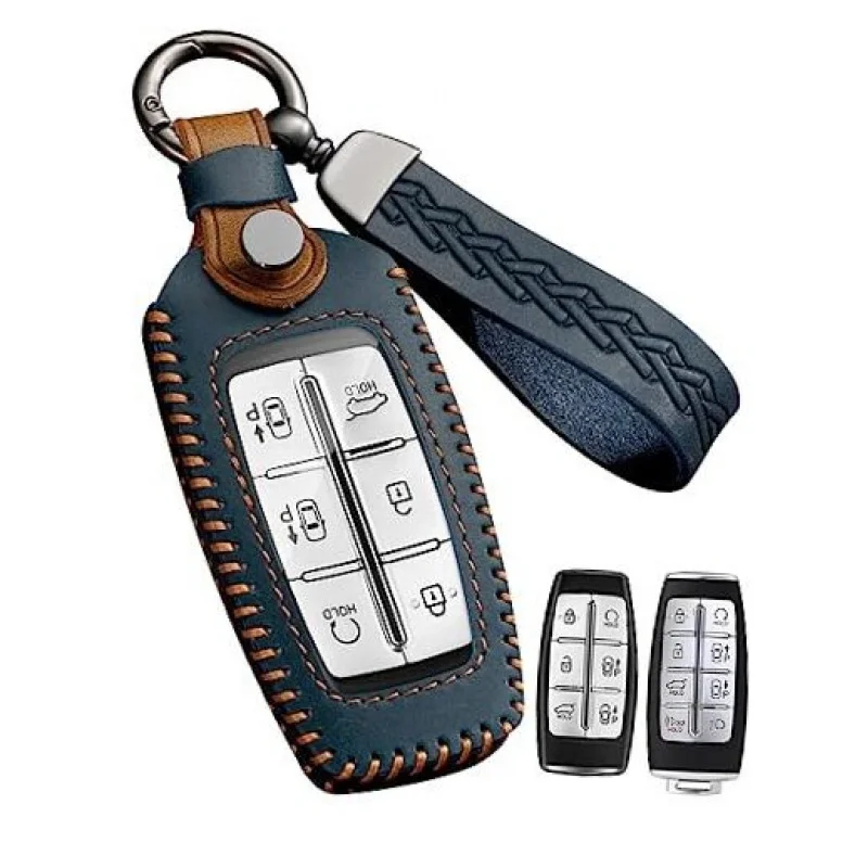 

A+ for Genesis Key Fob Cover Leather Car Key Case Protector keychain Smart Blue