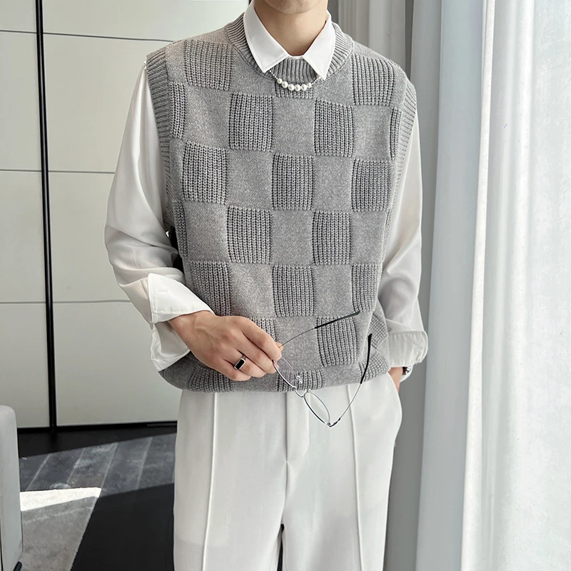 

Осенний клетчатый жилет без рукавов с круглым вырезом, мужской вязаный свитер, жилет, верхняя одежда, свободный универсальный социальный пуловер, мужская одежда