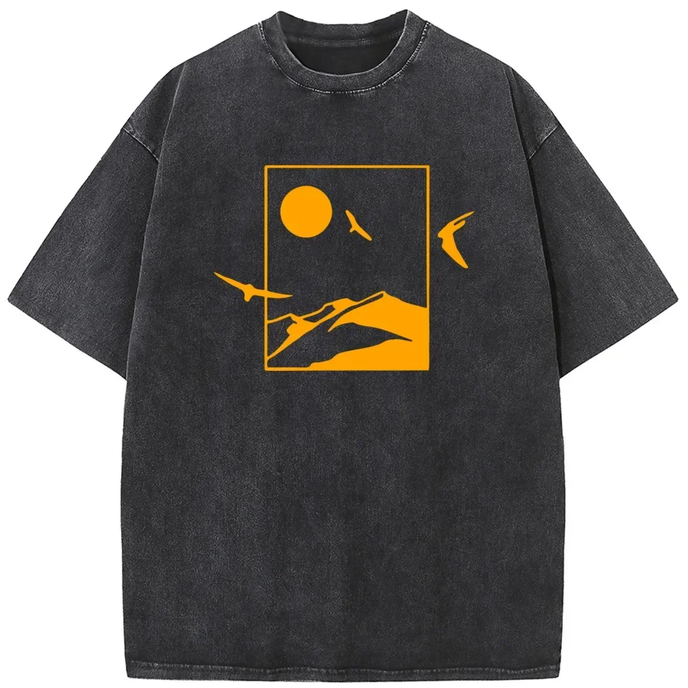 Geometric Mountains Men's Bleach Shirt Vintage Washed T-Shirt Tops Summer Casual Cotton O-Neck Tees Bleached Tshirt