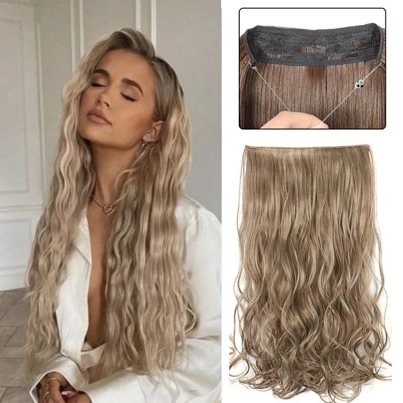 

Long Wave No Clip Synthetic Hair Extension Ombre Blonde Fish Line Invisible Hairpiece for Women Natural Wavy One Piece Fake Hair