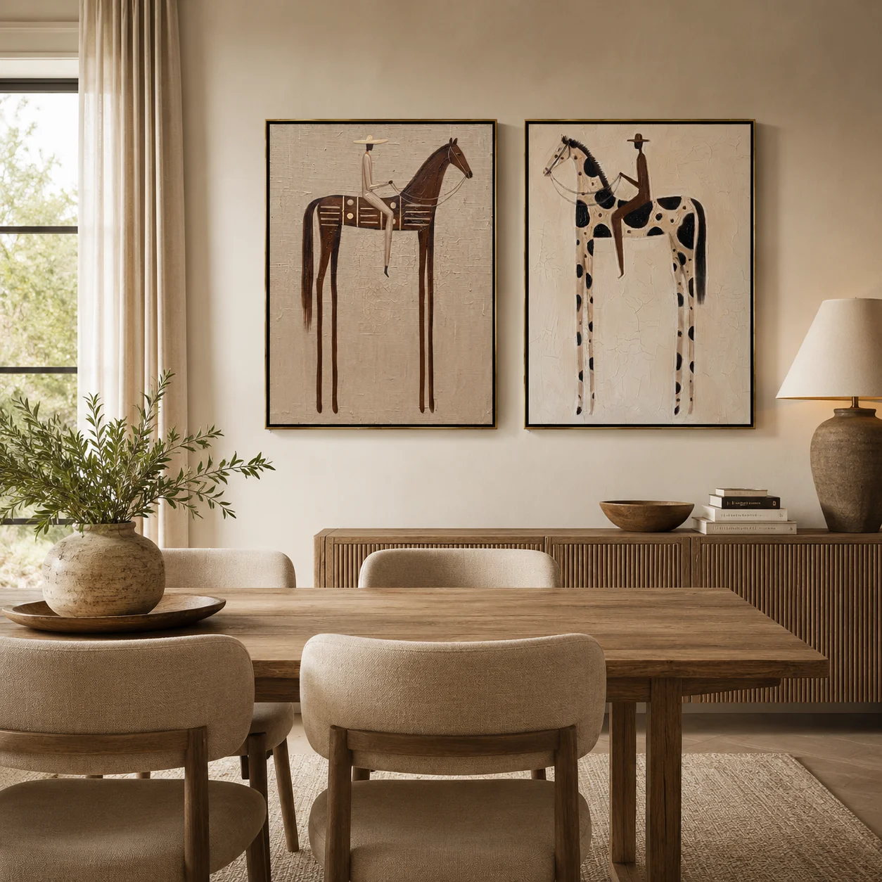 Blanket & Spot Diptych – Vintage Americana Two Ledger-Art Riders Two-Panel Painting | Wabi-Sabi Living Room Art
