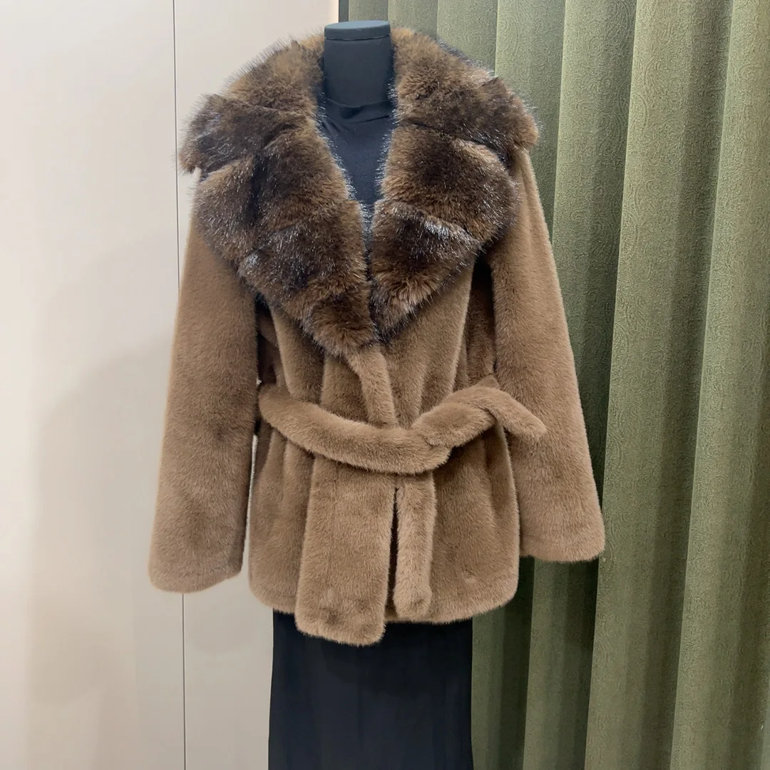 Winter Imitation Mink Fur Jacket Medium and Long Hooded Belt Artificial Fur Environmentally Friendly Fur Coat Women