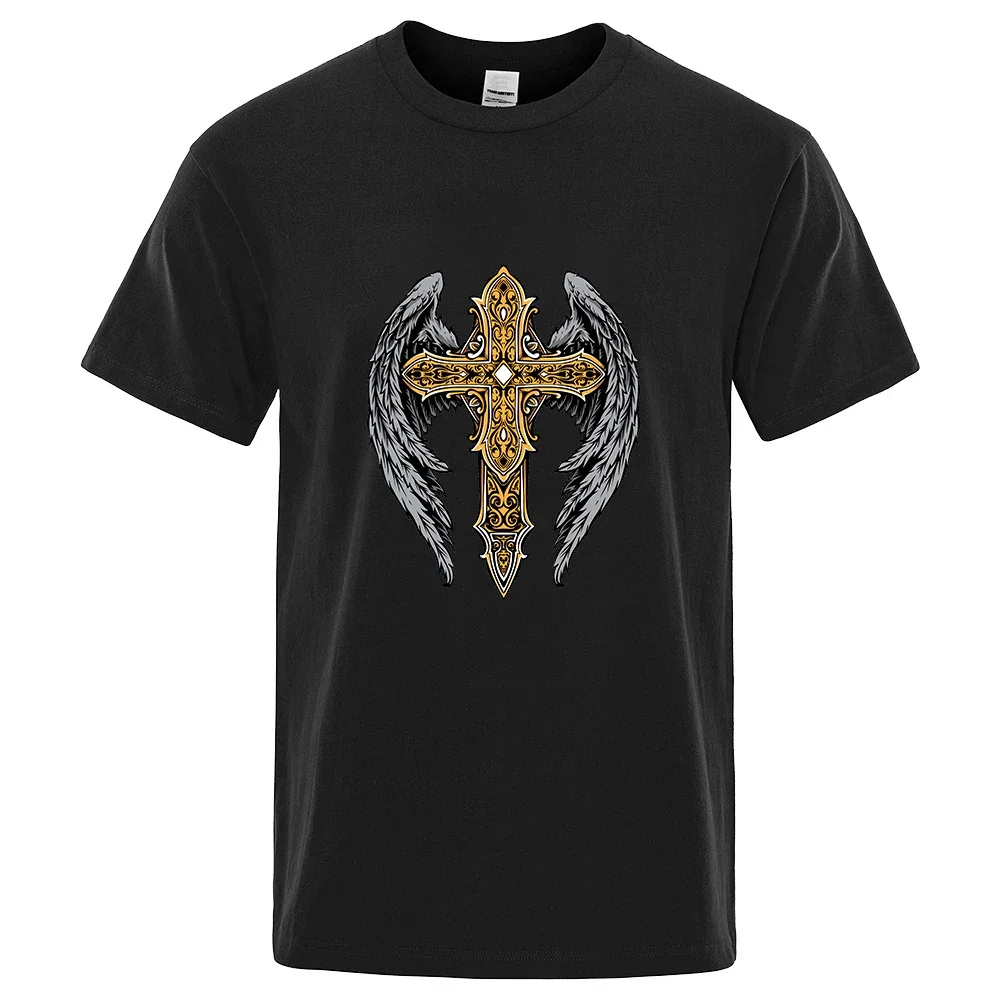 Newest Men's Casual Wings Gold Cross Print T-shirt Retro Y2k Faith Tees for Male Designer 100% Cotton Short Sleeve Tops XS-3XL