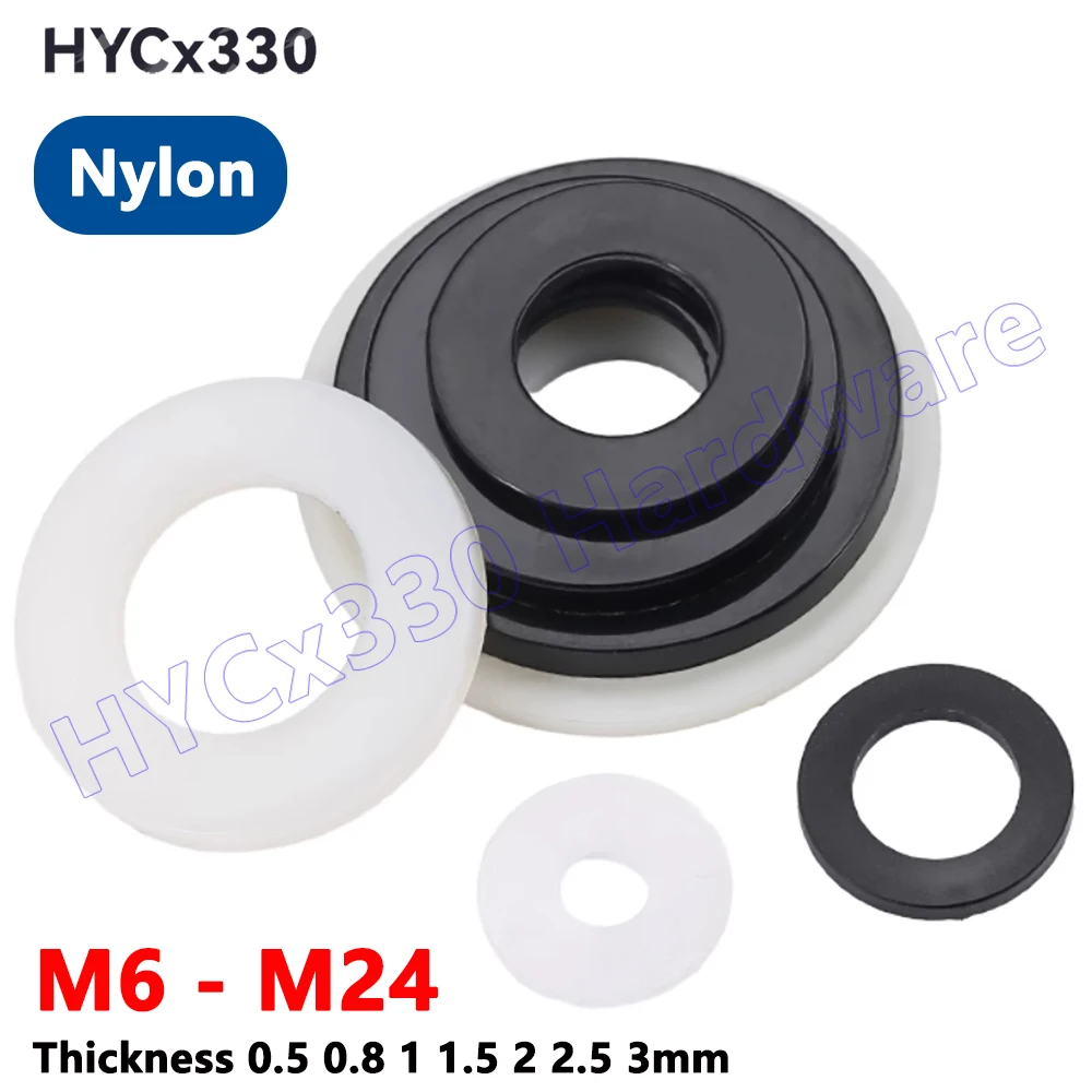 M6 to M24 White Black Plastic Nylon Flat Washer Plane Spacer Insulation Gasket Ring Thickness 0.5 0.8 1 1.5 2 2.5 3mmM6-M24 Whit