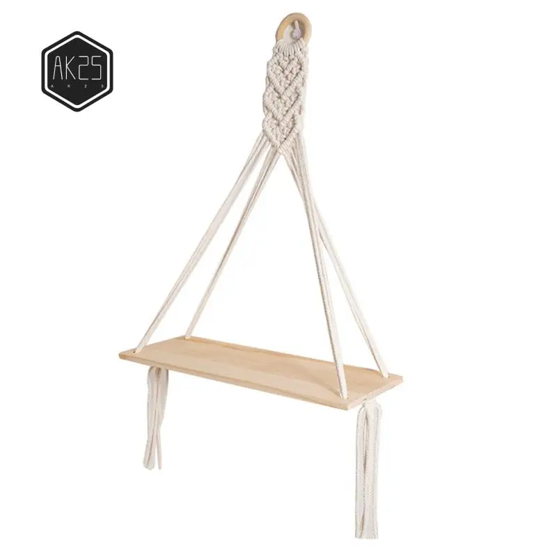 AK25-2PCS Hanging Shelf Boho Handmade Bohemian Wooden Plants Floating Rope Shelves Decorative Holder