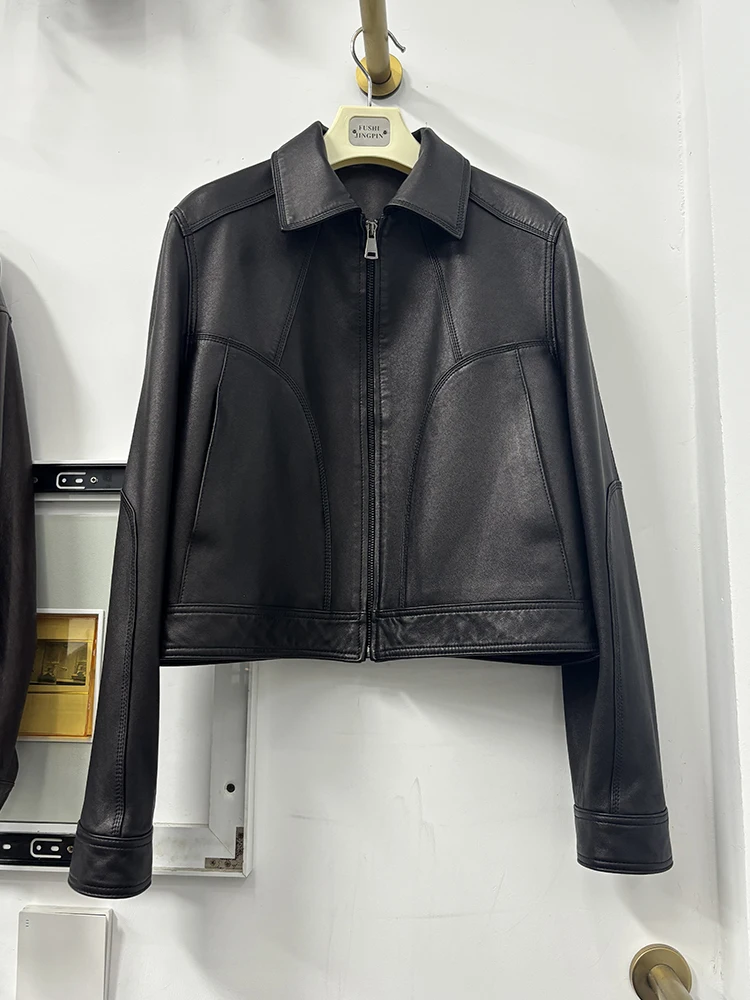 Women Spring Genuine Leather Jacket Fashion Classic Black Real Sheepskin Leather Jacket Coat
