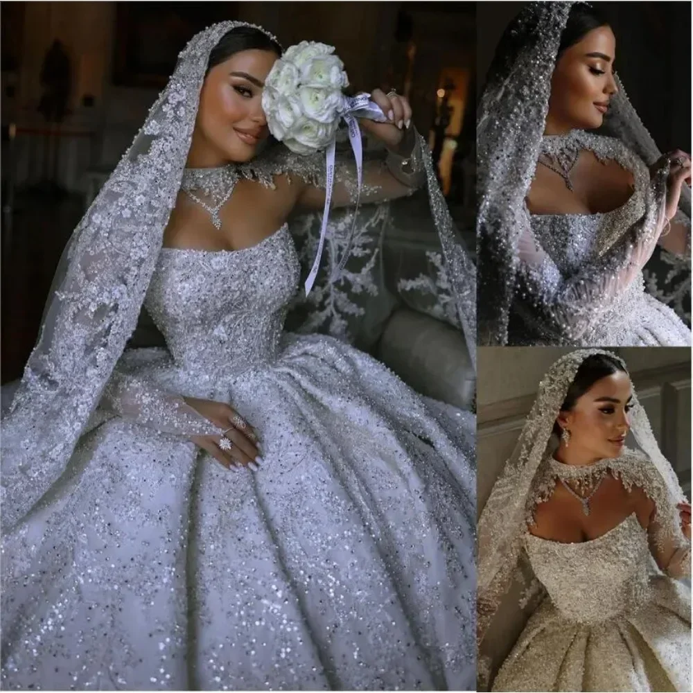 Customized 2026 Luxury Ball Gown Wedding Dresses Sweetheart Neck Long Sleeve Bridal Gowns White A-Line Sequins Beading Bride Dre