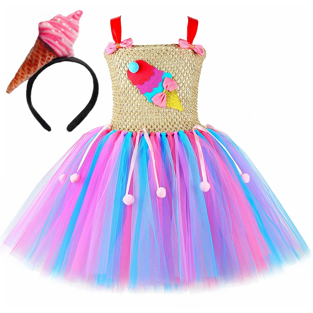 Ice Cream Cone Costume Girls Candyland Candy Theme Birthday Princess Tutu Dress Toddler Kids Festive Carnival Party Tulle Dress