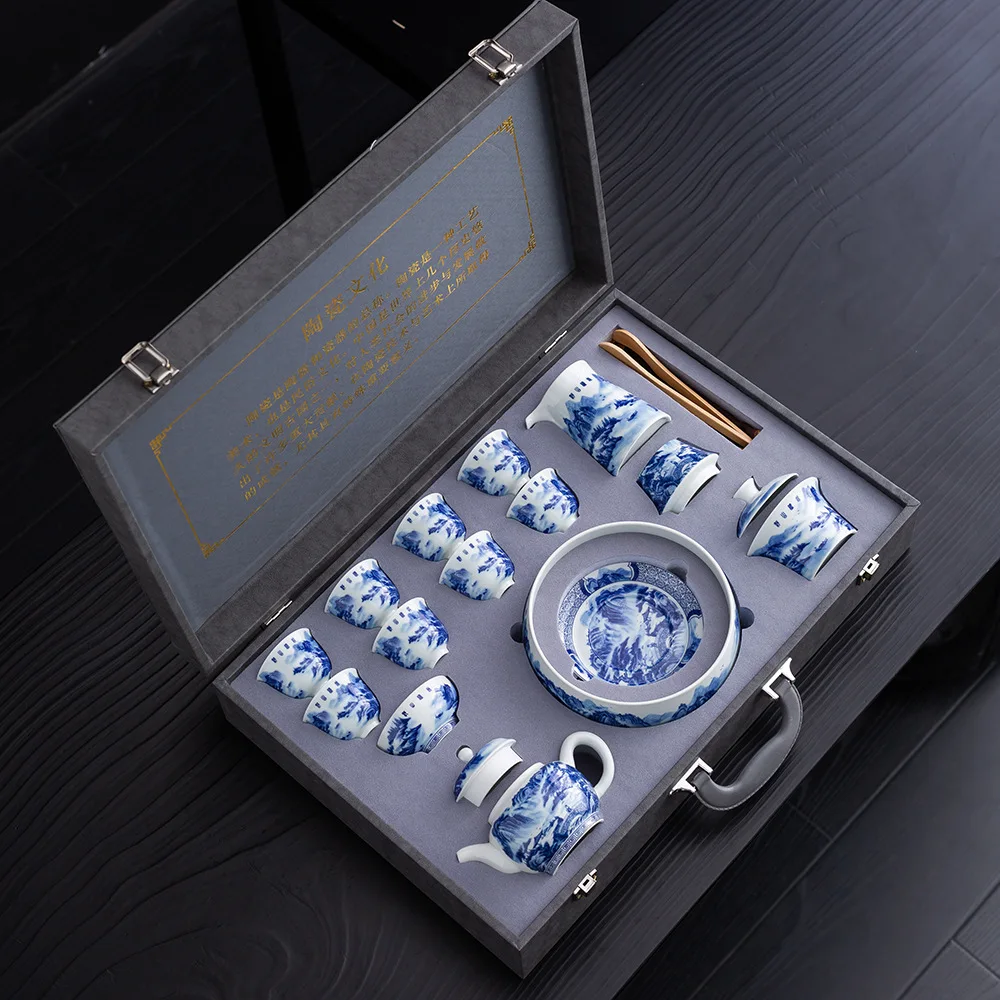 Jingdezhen Blue and Whitelandscape Tureen Set Suit Household Pot Cup Antique Mud Basin Gift Box