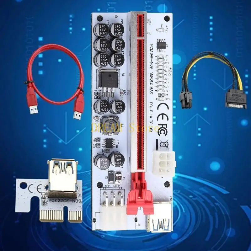 VER012 PCI-E Riser Card 10 Capacitors PCI-E 1X to 16X USB3.0 13 LED Marquees Best Sale