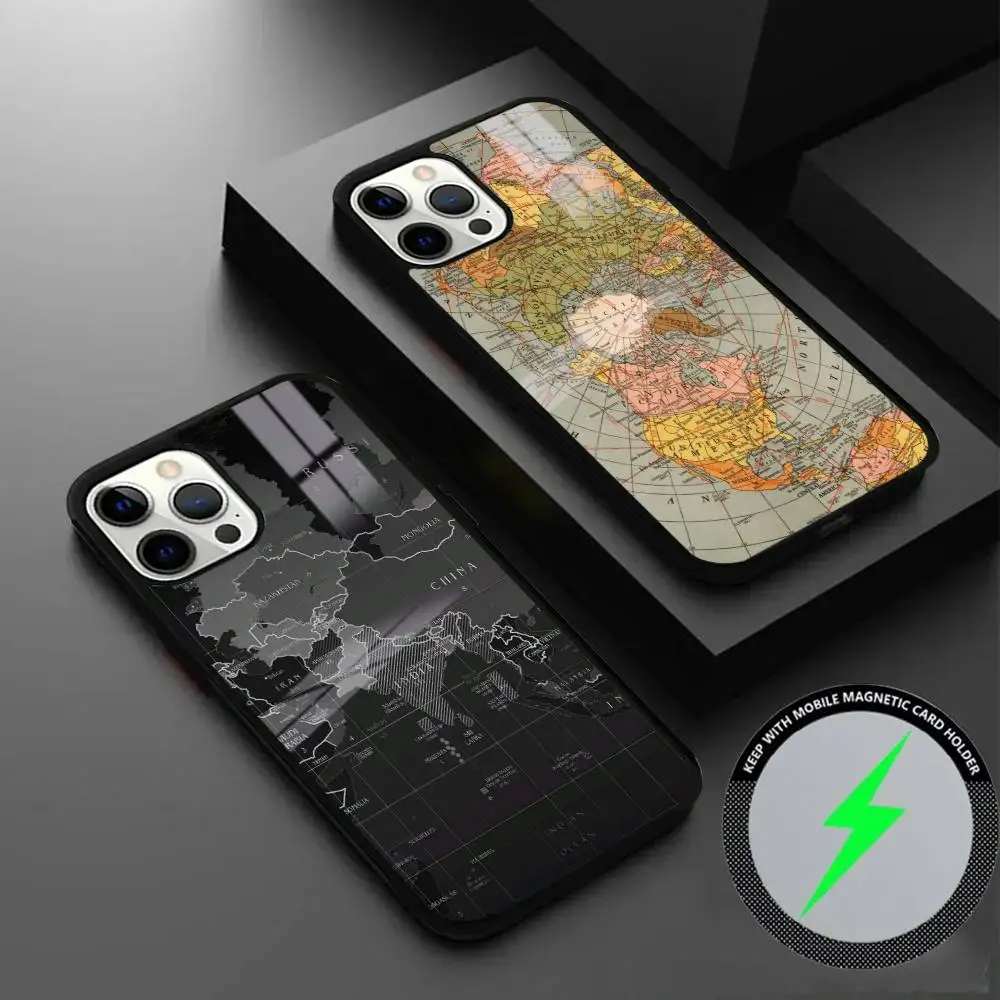 

Earth Ocean Map Phone Case For IPhone 16 15 14 13 12 11 Pro Max Plus Mini Magsafe Mirror Wireless Magnetic Cover