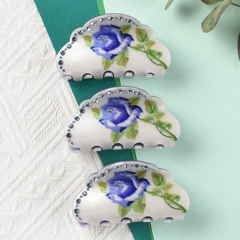 

Refreshing World Blue Rose Hair Claw Classic Style Rhinestone Design Hair Claw Clips Hair Accessories for Women Girls