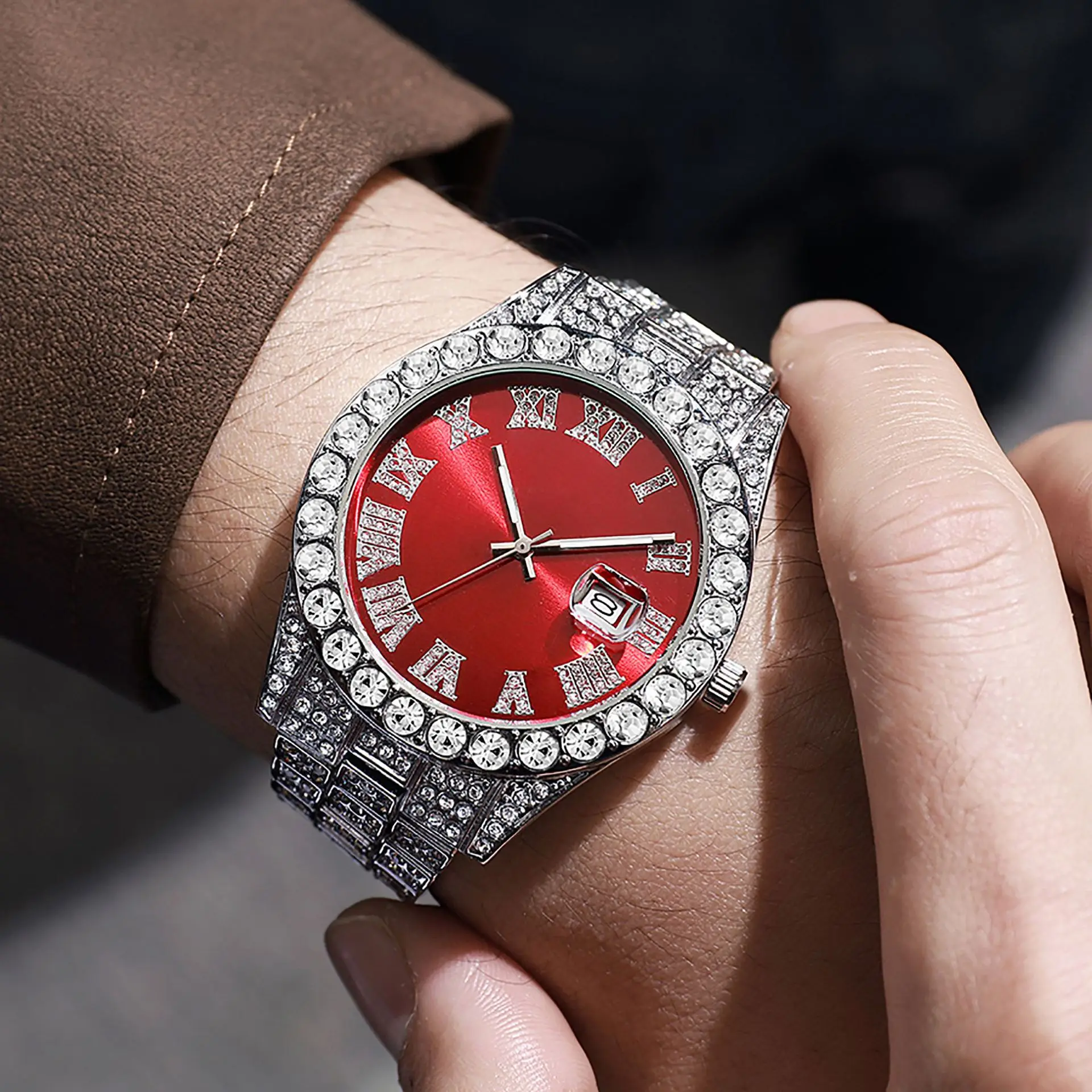 Fashion Luxury Hip Hop Diamond Style Square Men's Watch Shiny Crystal Stainless Steel Quartz Sports Men's Watch
