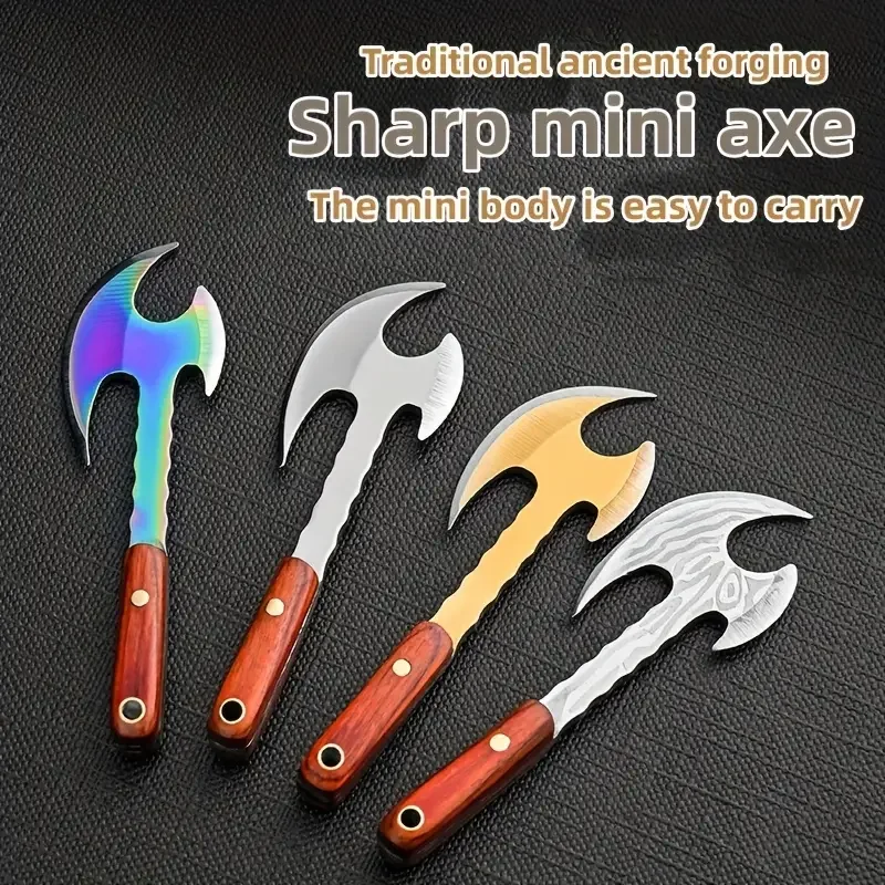 Mini Axe Keychain Wooden Handle Tiny Fixed Blade Cutter with Leather Sheath Portable EDC Parcel Letter Opener Decor Pendant Gift