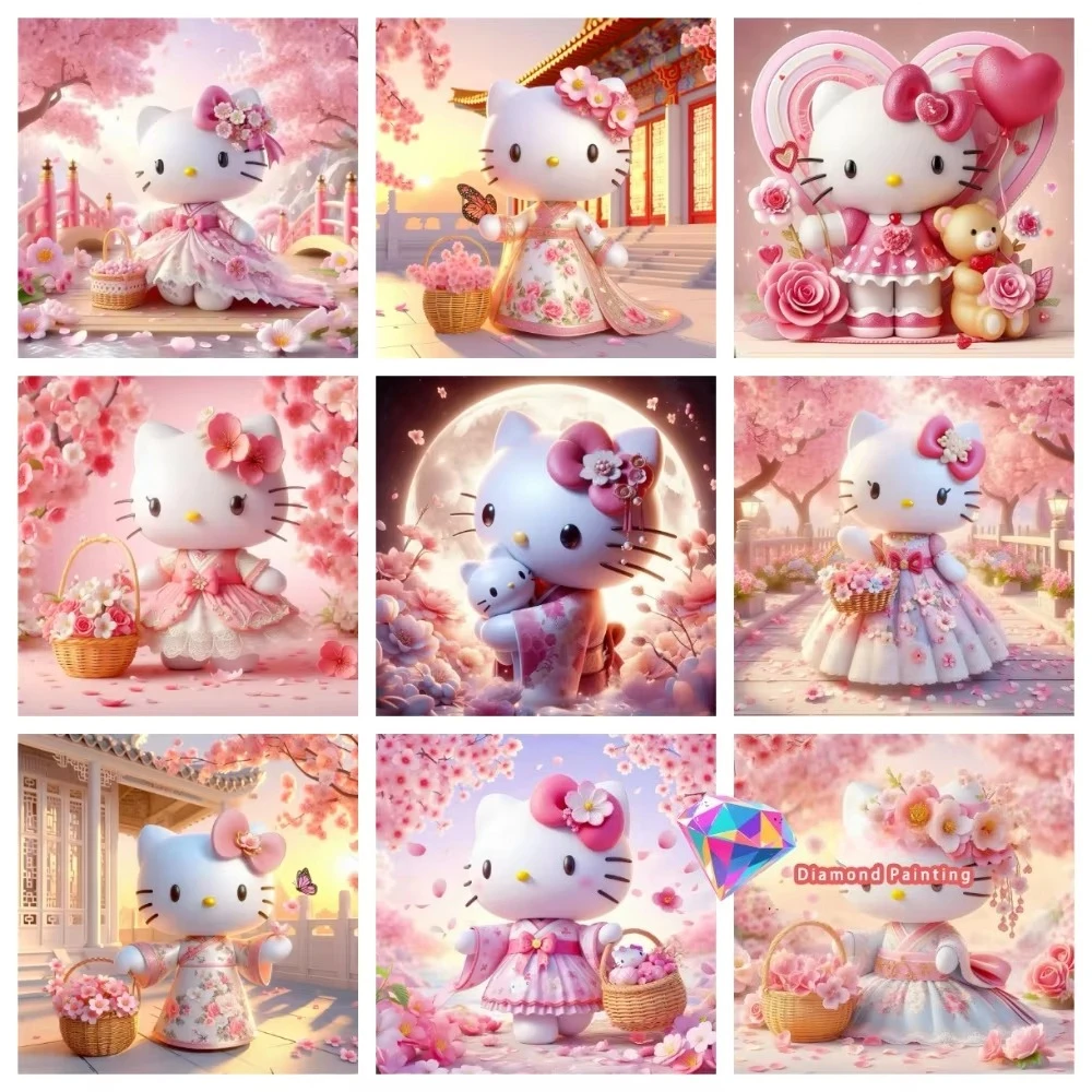 New 2026 Hello Kitty Cartoon Pink Kawaii Diamond Painting Kit Square Round Diamond 5D DIY Mosaic Handmade Art Gift Home Decor