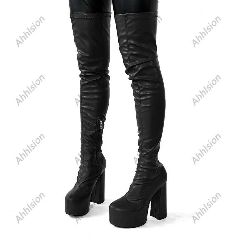 Ahhlsion New Women Spring Flexible Thigh Boots Chunky Heels Round Toe Beautiful Red White Cosplay Shoes Ladies US Size 5-20 - view 6