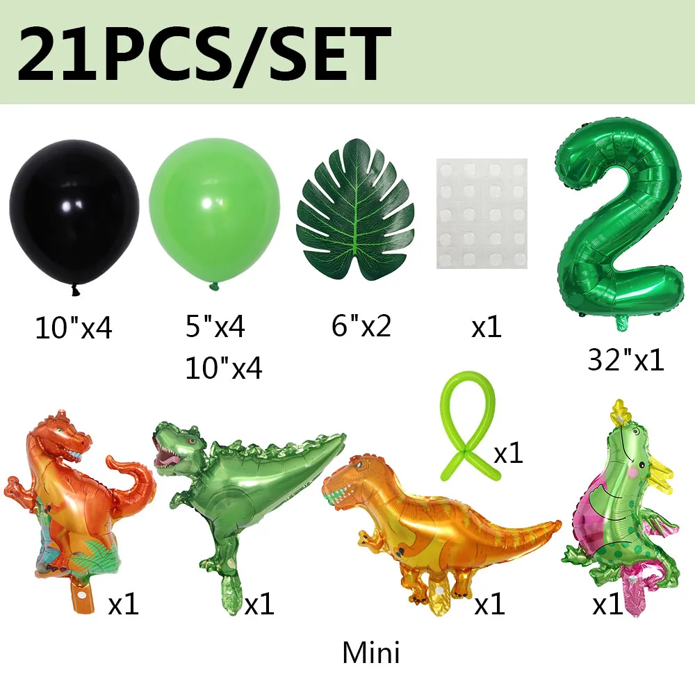 21pcs Dinosaur Balloons Green Digital Birthday Theme Balloon Baby Shower Jungle Dinosaur Party Decoration