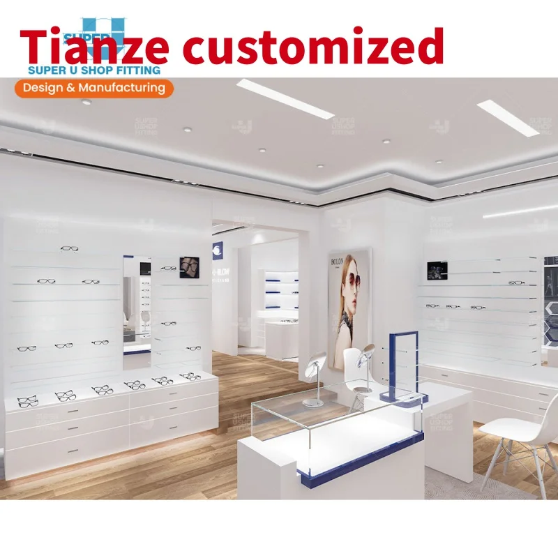 (Customized) fashion white glasses store furniture decoration custom eyewear Glass display showcase bespoke optical shop display