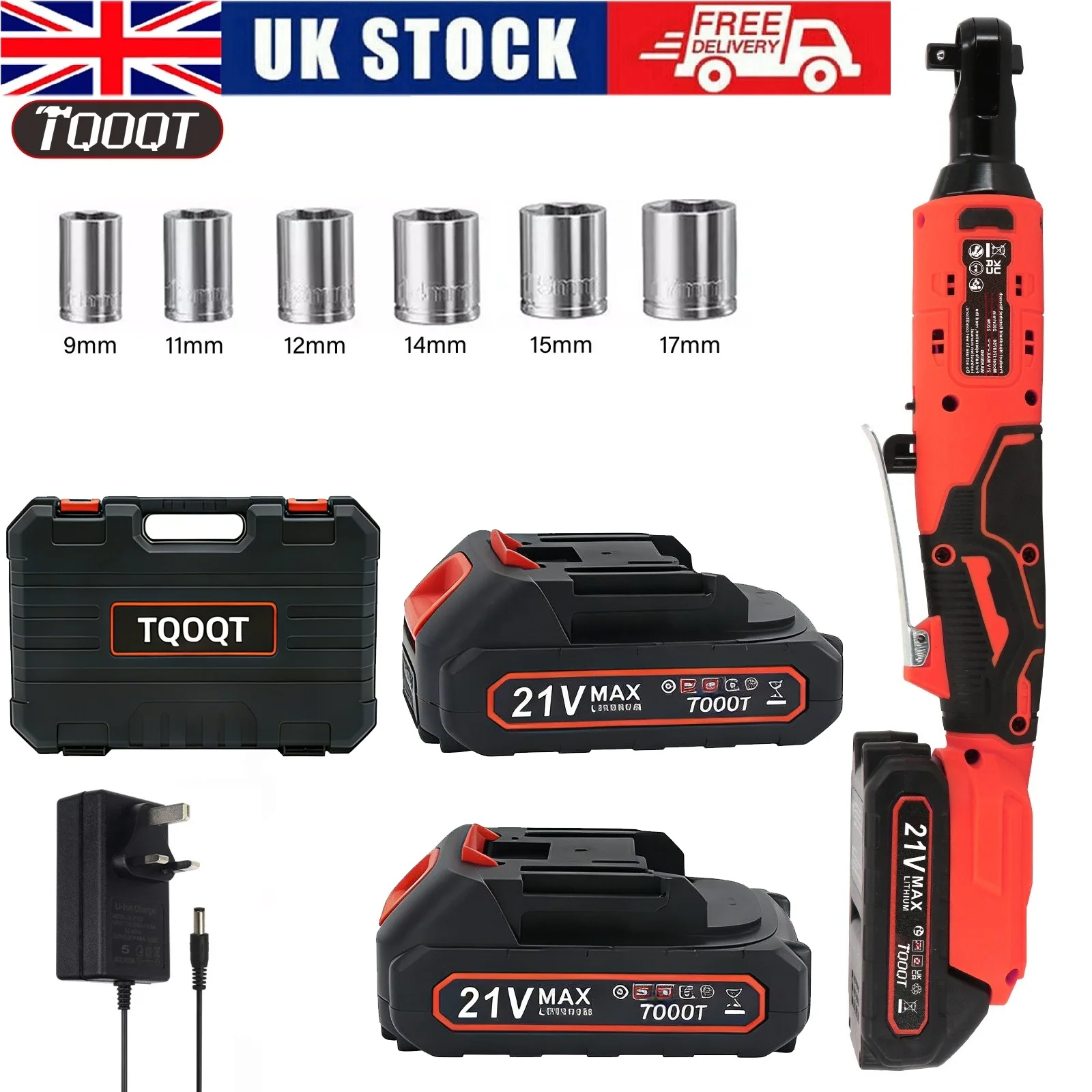 3/8'' Electric Cordless Ratchet Right Angle Wrench Impact Power Tool 21V Battery with 2 Battery & 6pcs Sockets Set