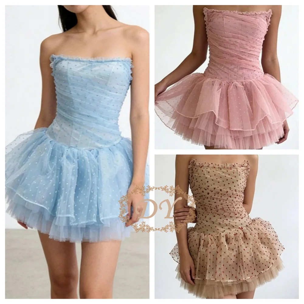 

DY Modern Strapless Short Homecoming Dresses Dots Tulle Puffy Mini Prom Cocktail Gown Customized For Wedding Party Corset Back