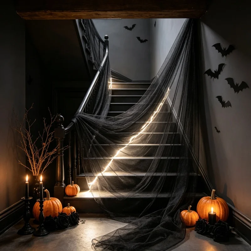 Gothic Black Sheer Tulle Fabric, Lightweight Mesh Cloth for Halloween Party Backdrop, Arch Curtain & Table Runner Spooky Decor