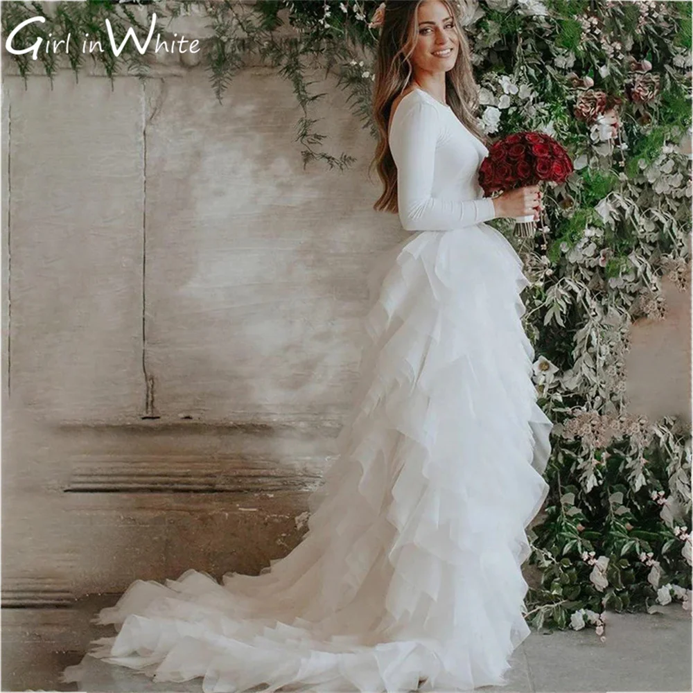 свадебное плать Modern Long Sleeves Backless Wedding Dress A Line Tiered Pleated Wedding Bridal Gown فساتين مناسبة حسب الطلب