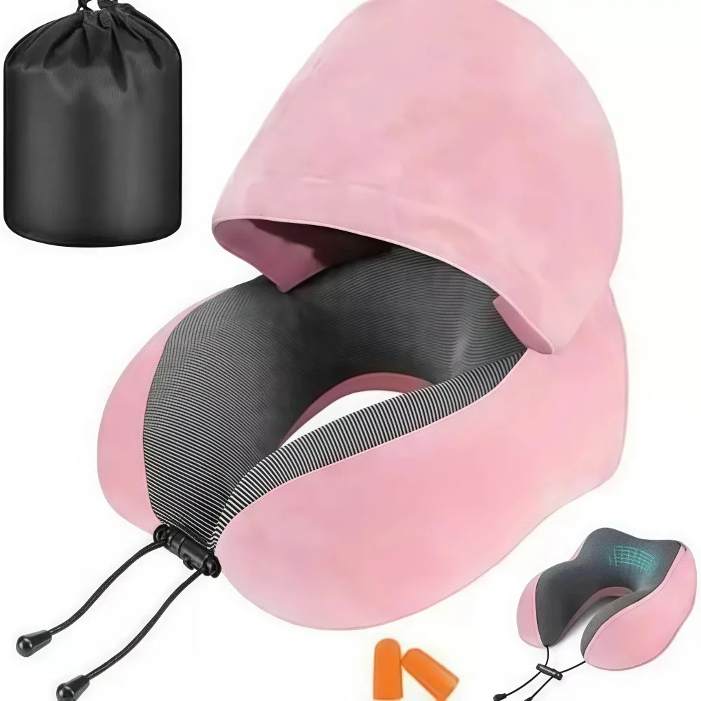 U-shaped Hooded Travel Pillow With Zippered Removable Hood Memory Foam Pillow Lightweight With Storage Bag And Earplugs