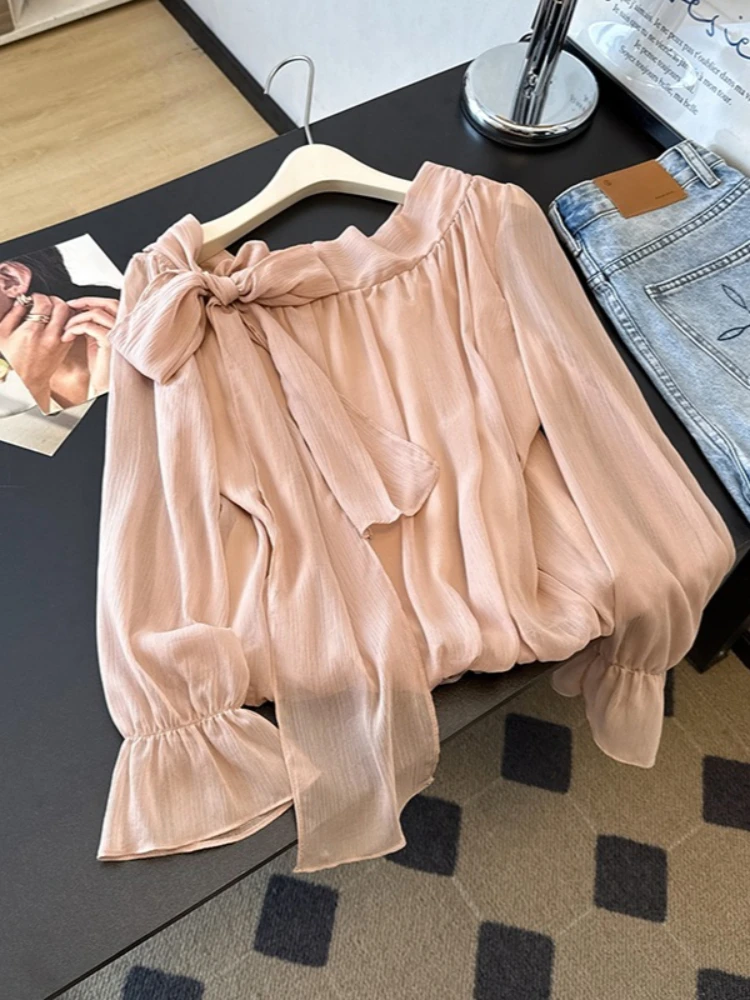 Outono francês elegante fora do ombro chiffon blusa feminina outono manga longa gravata cintura alargamento manga solta ajuste escritório camisa casual