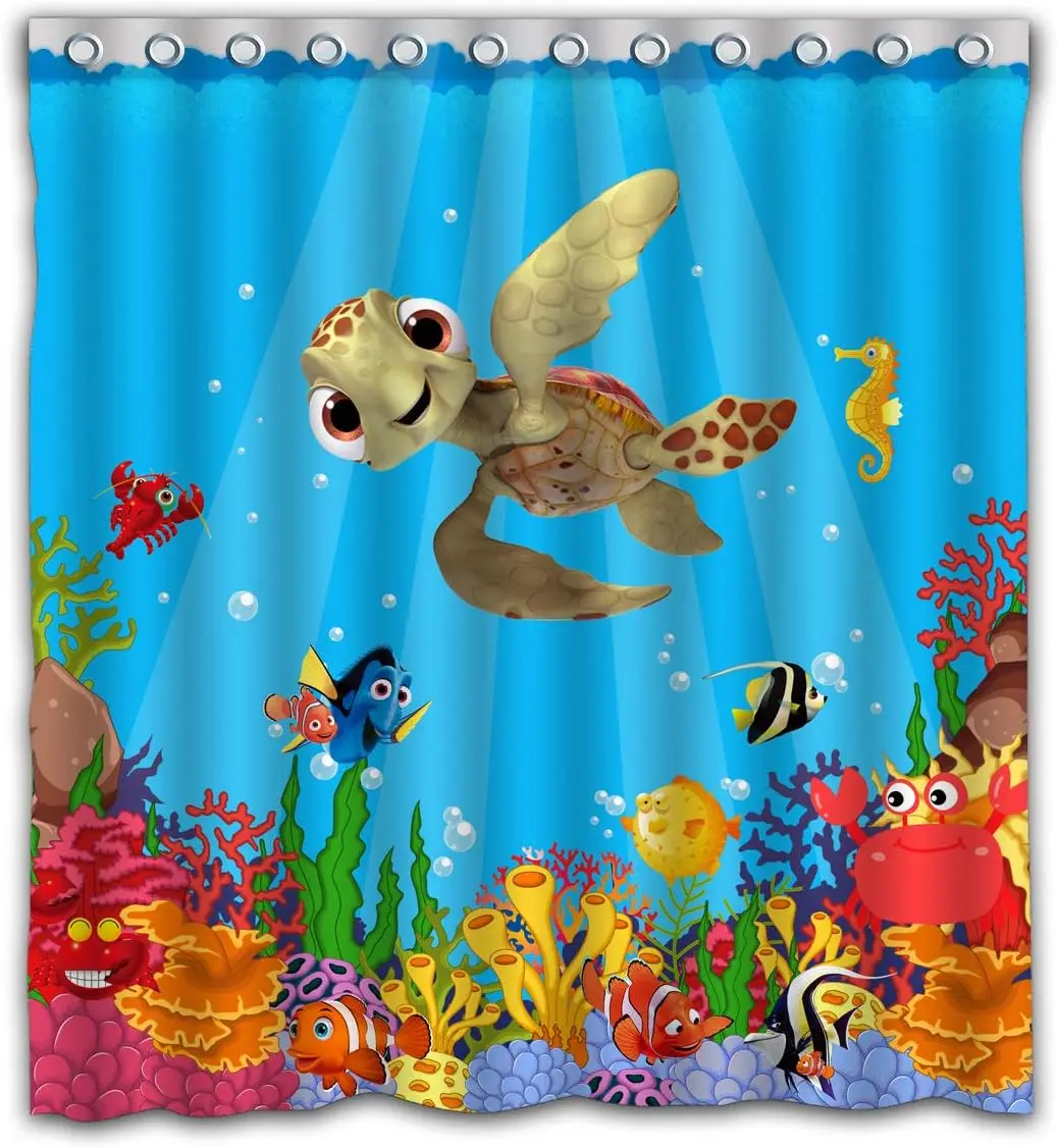 

Cartoon Undersea World Tortoise Tropical Fish Seahorse Blue Ocean of Underwater Wildlife Waterproof Fabric Shower Curtain Set wi