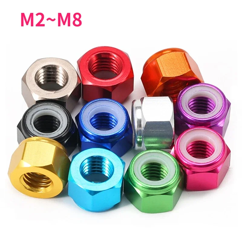 2-10Pcs Coloured Aluminum Alloy Self-locking Nylon Insert Lock Nut Locknut Anodized Nut M2 M2.5 M3 M4 M5 M6 M8