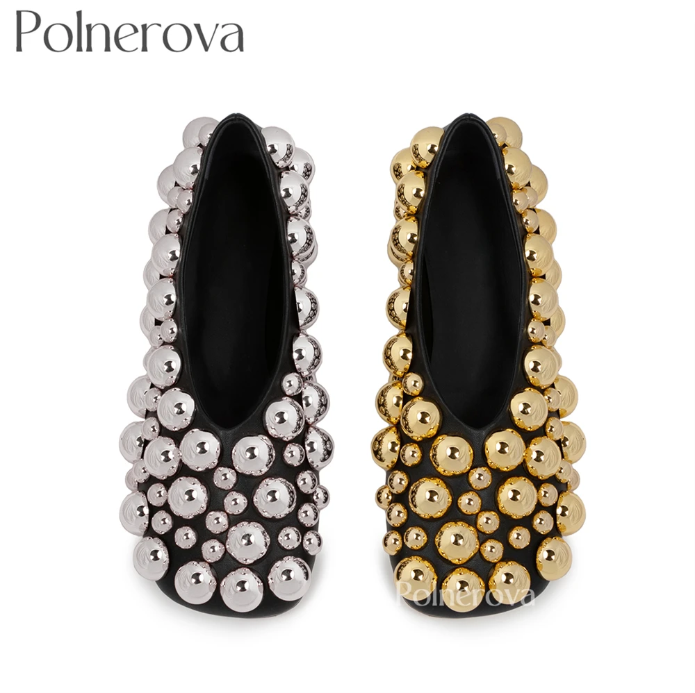 Ballerine asimmetriche con perline a bolle metalliche Ballerine morbide in pelle nera Stile designer Scarpe basse in pelle da donna con punta