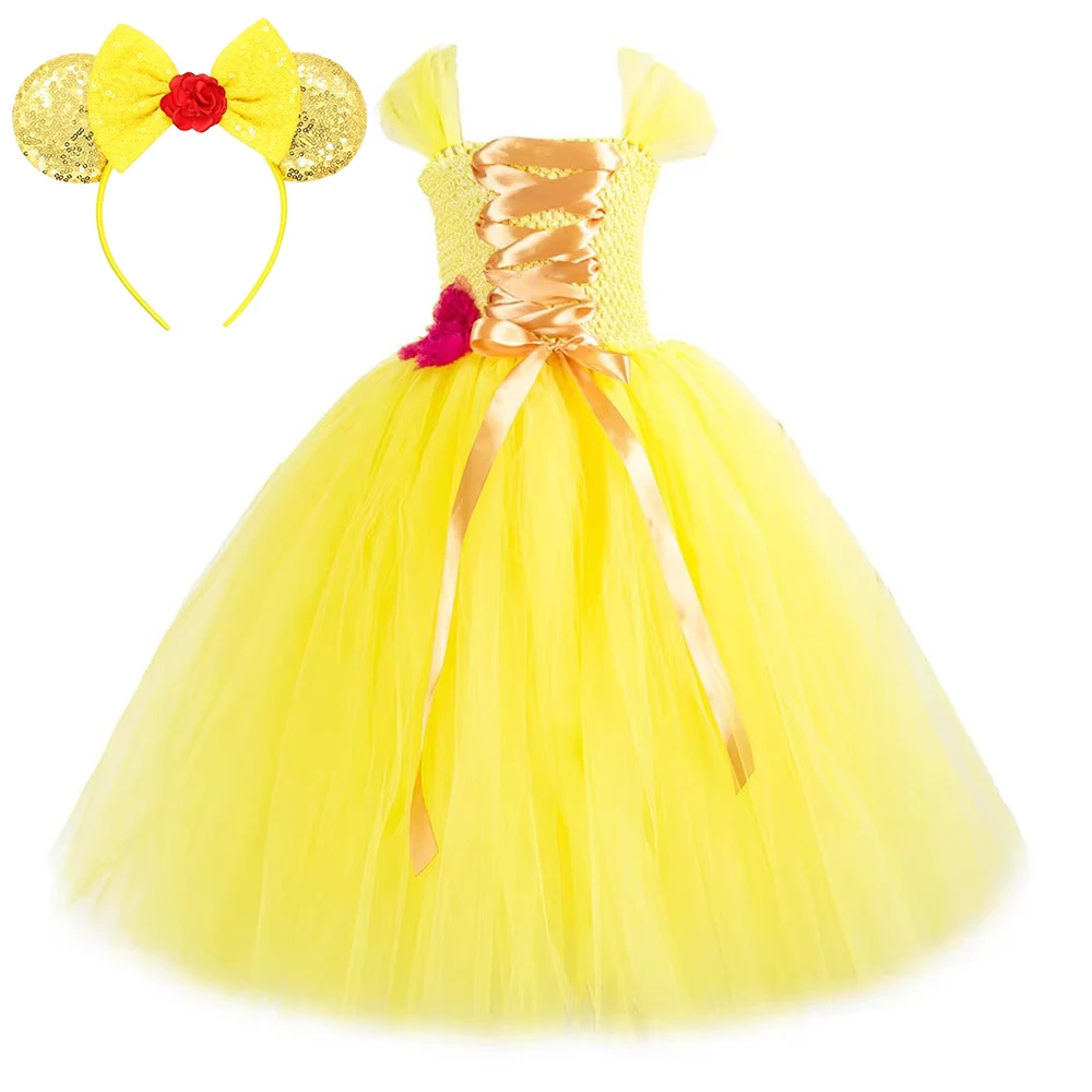 Yellow Princess Long Tutu Dress for Girls Christmas Carnival Full Length Costume with Crown Wand Kids Fairy Tale Ball Gown