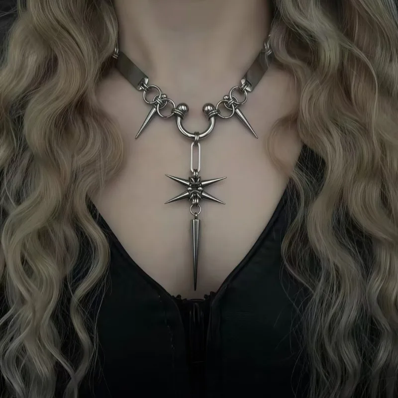 Gothic Silver Spiked Choker Necklace Metal Star Burst Pendant Long Spike Drop Punk Dark Alternative Jewelry Gift For Women Men