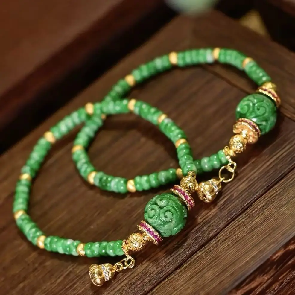 Natural A‑Grade Spicy Green Jade Bracelet,Carved Round Bead,S925 Silver Gilded Gourd Charm,Vintage Chinese Bangle for Women Gift