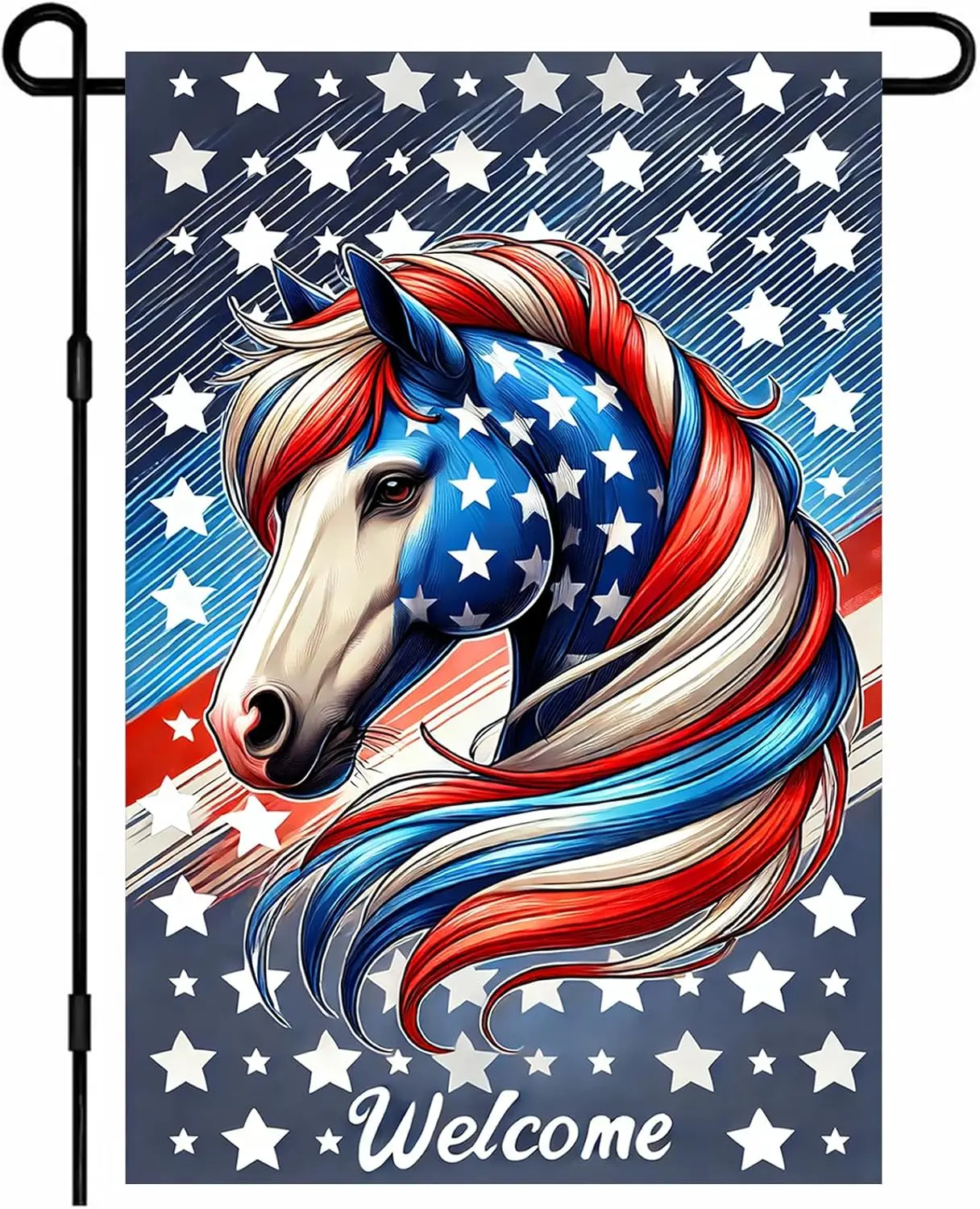 IVN Patriotic Garden Flag Red White Blue Horse 12x18 Inch Fourth of July Outdoor Banner with Stars for Garden, Porch, and Su GGO