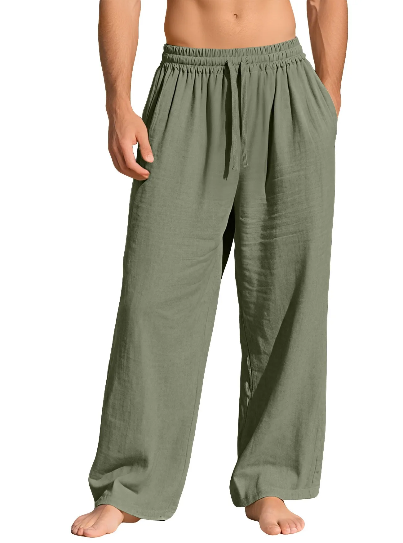 Men's Summer Linen Blend Wide Leg Pants, Casual Drawstring Waist Loose Fit Beach Trousers, Breathable Lightweight Daily Wear
