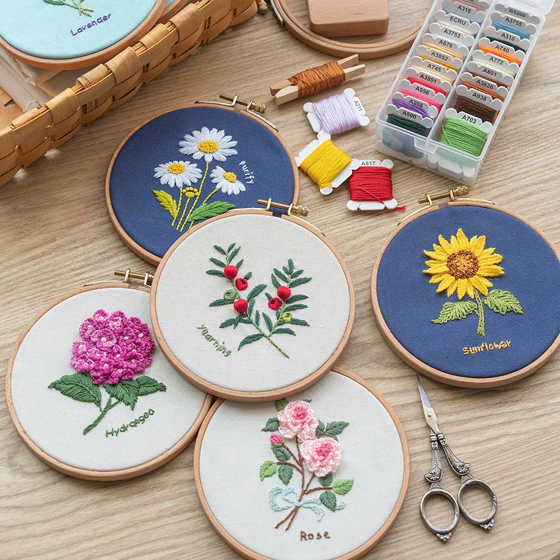 Flowers Plants Pattern Embroidery Set Needlework Tools Printed Beginner Embroidery Round hoop Cross Stitch Kit Sewing Craft Kit