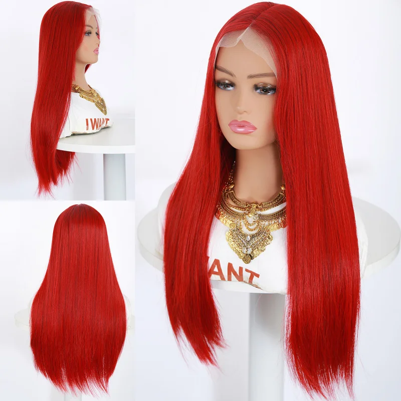

European and American style lace front for women, burgundy color, middle parting, long straight synthetic hair wig